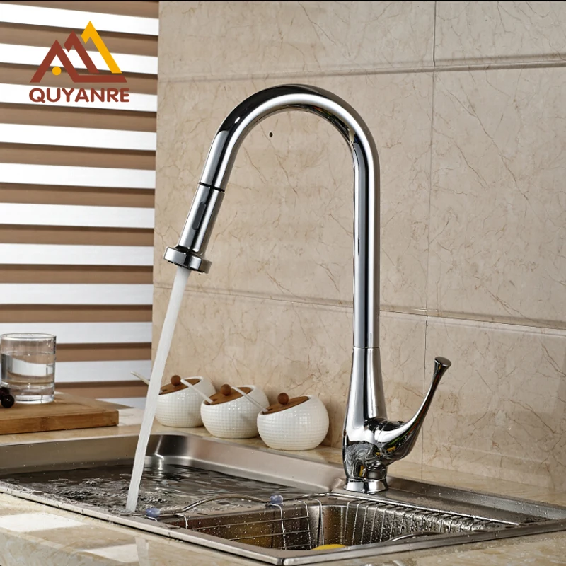 

Pull Out Chrome Polish Kitchen Mixer Tap Single Handle One Hole 360 Degree Rotation Faucet