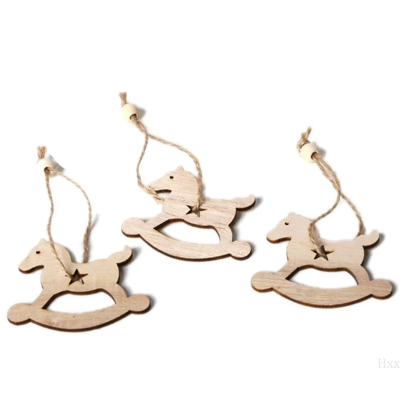 

3pcs/set Vintage Christmas Rocking Horse Pendants with Rope Beads Ornament Wooden DIY Crafts Hanging Tree Party Decor Gift