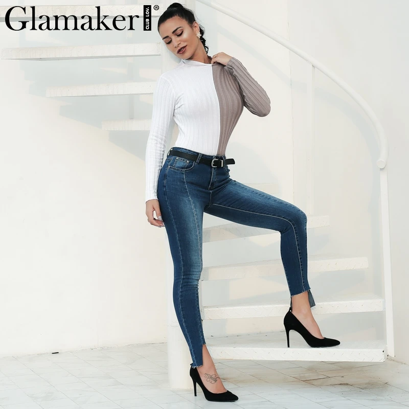 Glamaker Sexy white grey patchwork sweater shirt Women autumn winter turtle neck jumper sweater Party casual combine sweater top Sweaters