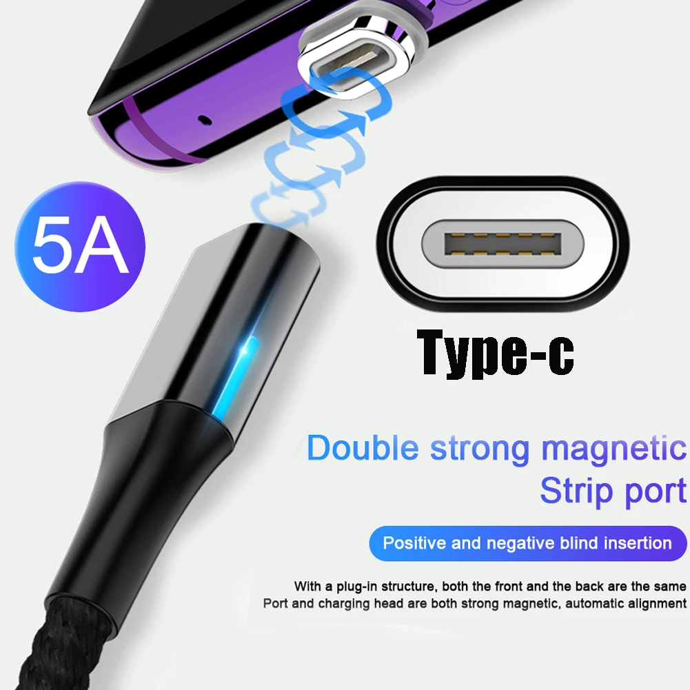 5А Магнитный кабель для быстрой зарядки и передачи данных Type C Huawei P30 Pro Samsung S9 S10 E