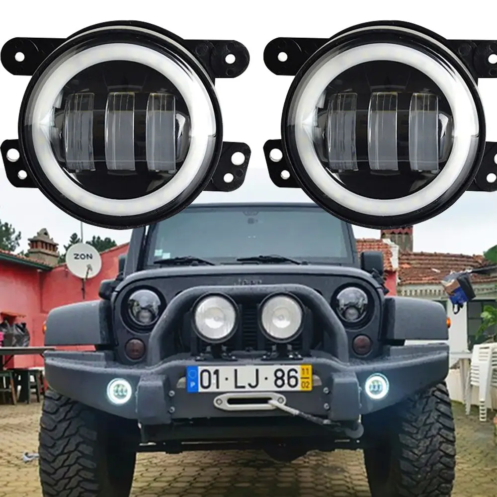 Pair 4inch Round LED Fog Lights Driving Halo DRL For Jeep Wrangler JK 07-15 US