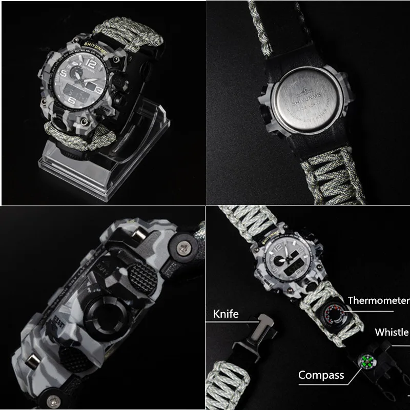 EDC في الهواء الطلق بقاء ووتش للماء الطوارئ والعتاد التخييم سوار Paracord سكين البوصلة صافرة ميزان الحرارة معدات للإسعافات الأولية EDC في الهواء الطلق بقاء ووتش للماء الطوارئ والعتاد التخييم سوار Paracord سكين البوصلة صافرة ميزان الحرارة معدات للإسعافات الأولية
