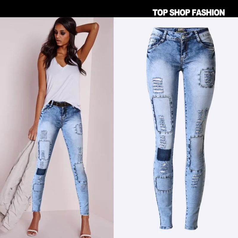 

Hot Fashion Ladies Cotton Denim Pants Stretch Slim Womens Ripped Pencil Jeans Denim Jeans For Female