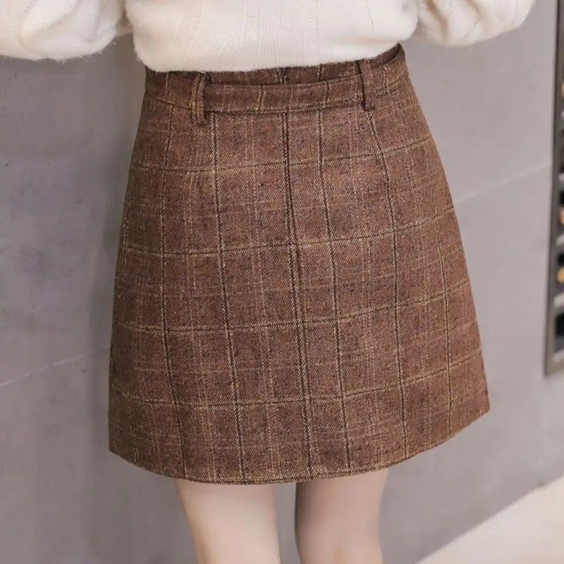 Women High Waist Skirt Slim Female Mini Skirt Wool Plaid Skirt Pocket Skirt