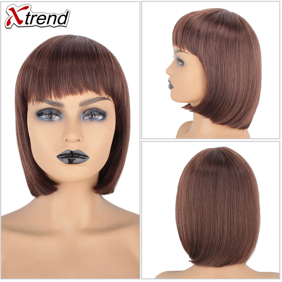 Xtrend Short Wig Perruque Wigs With Bangs For Black Women Peruca Synthetic Black Pink Grey Straight Hair Bob Style Pelucas