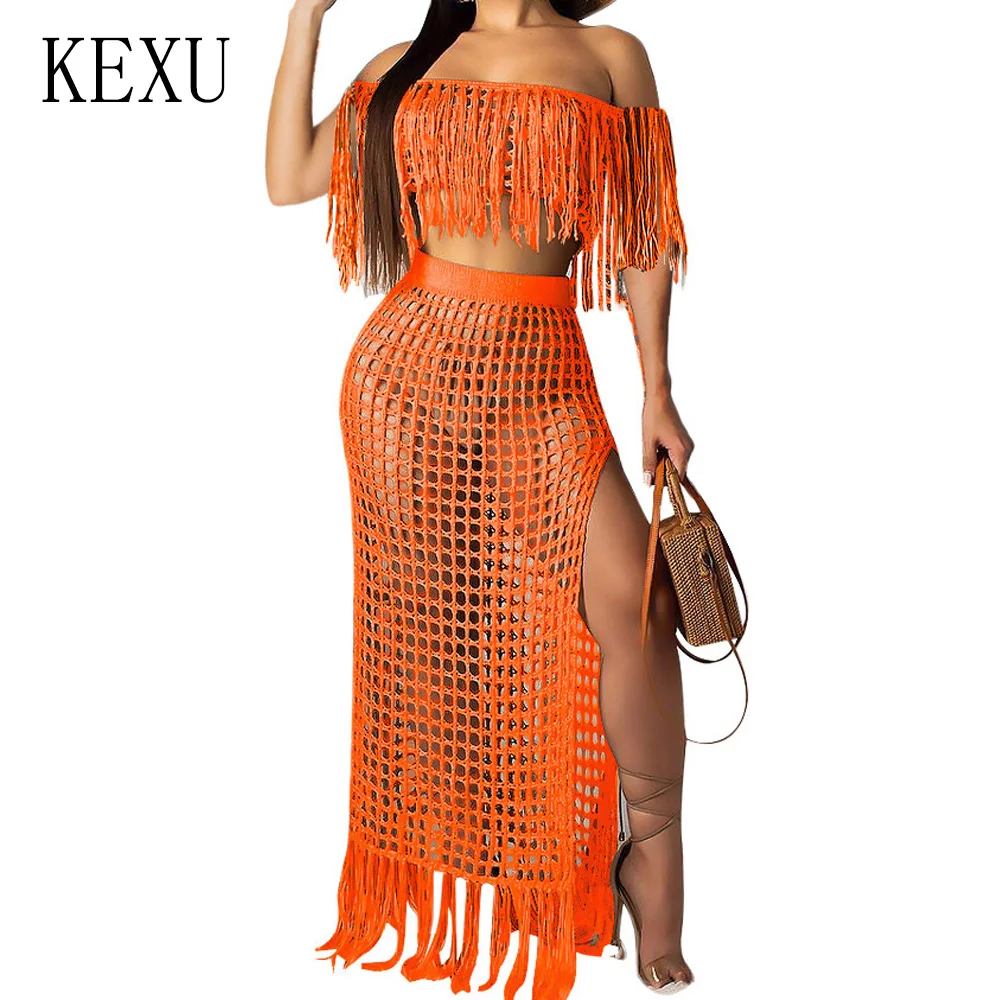 KEXU Summer Hollow Out Fashion Grid Tassel Perspective Two-piece Dress Elegant Off Shoulder Knitting Crochet Beach Party Dress KEXU Summer Hollow Out Fashion Grid Tassel Perspective Two-piece Dress Elegant Off Shoulder Knitting Crochet Beach Party Dress