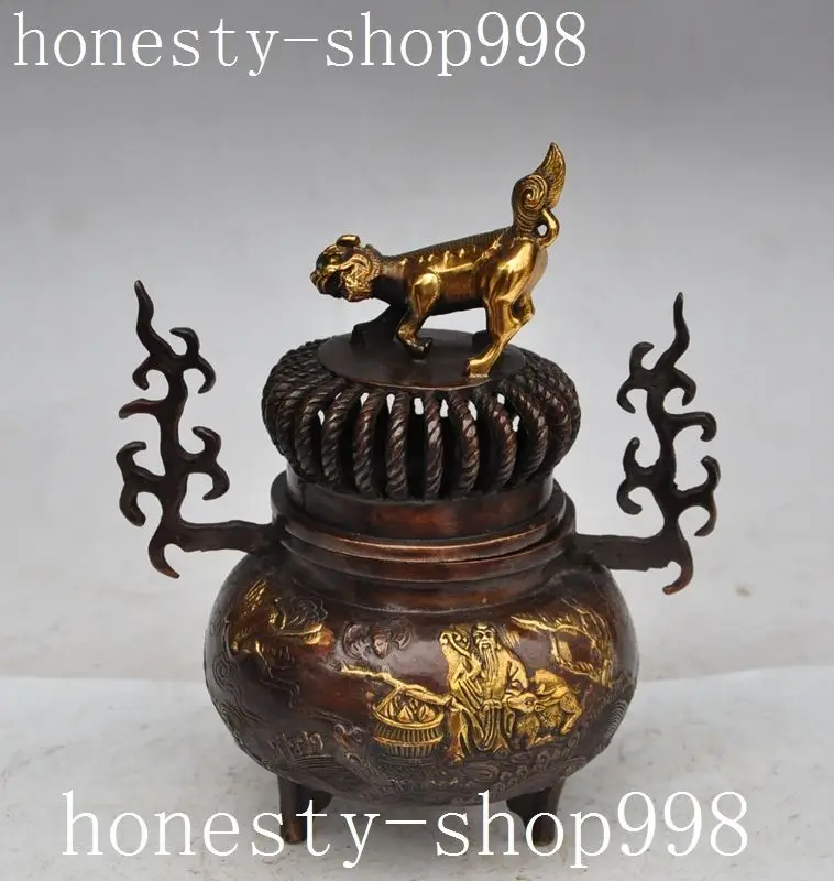 

christmas old chinese bronze gilt foo fu dog lion crane statue incense burner Censer halloween