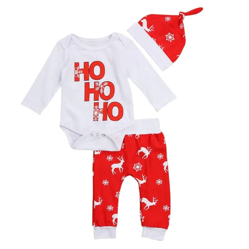 

Christmas Clothes Set Cotton Cute Elk Print 3pcs Baby Rompers Pants Hat autumn newborn baby clothes