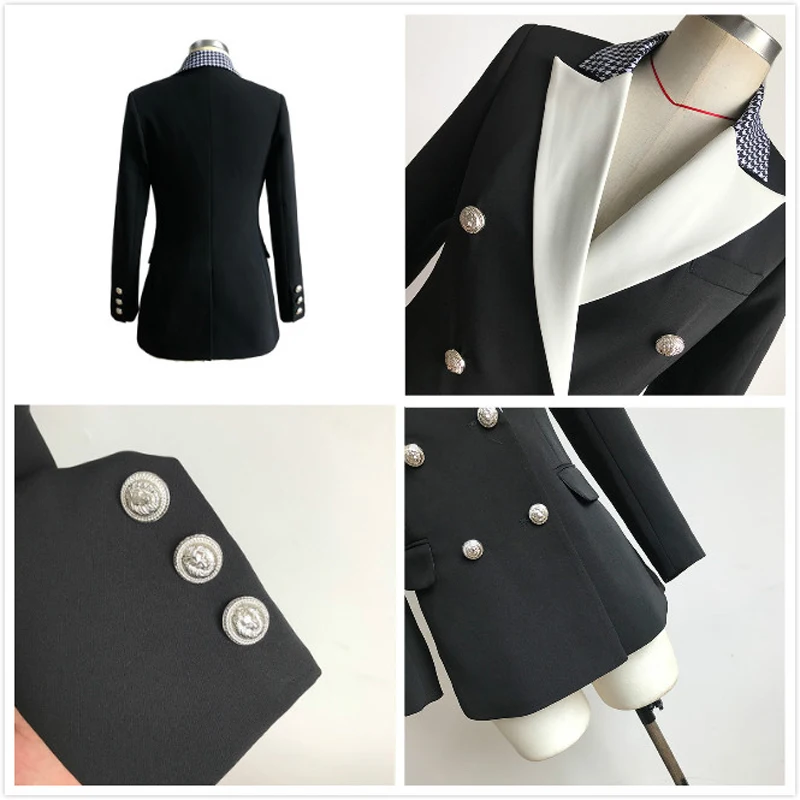 High Quality Black White Women Blazer Jacket Outerwear Double Breasted Plaid Collar OL Office Ladies Blazers Feminino Plus Size