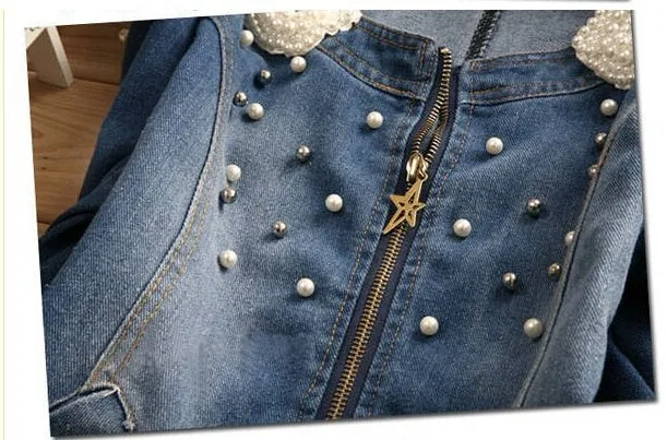 Fast Shipping Best Selling!Wholesale And Retail Ladies Lace Jeans Coat Pearl Collar Women Denim Jacket Female Cowboy Wear