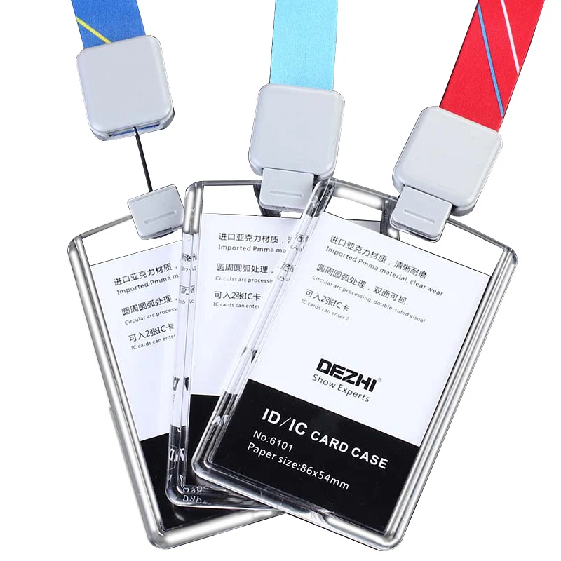 DEZHI Brand New Retractable Custom Lanyard with Full Transparent Business ID IC Card Holder,Vertical Horizontal Available dezhi transparent acrylic clear id ic card badge holder with exclusive patent lanyard attached al alloy connector