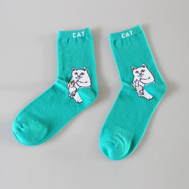Брендовые элегантные креативные женские носки с котом, милые женские хлопковые носки с рисунком, забавные носки с котом на среднем пальце