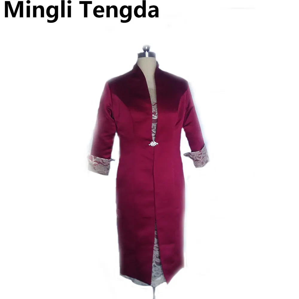 

Red Wine Lace Two Pieces Mother of the Bride Dresses with Long Jacket Custom Made O Neck Knee-Length Mother Dress Mingli Tengda