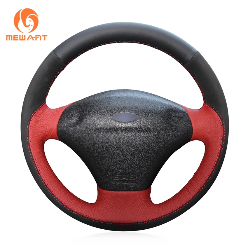 MEWANT Black Genuine Leather Suede Red Artificial leather Car Steering