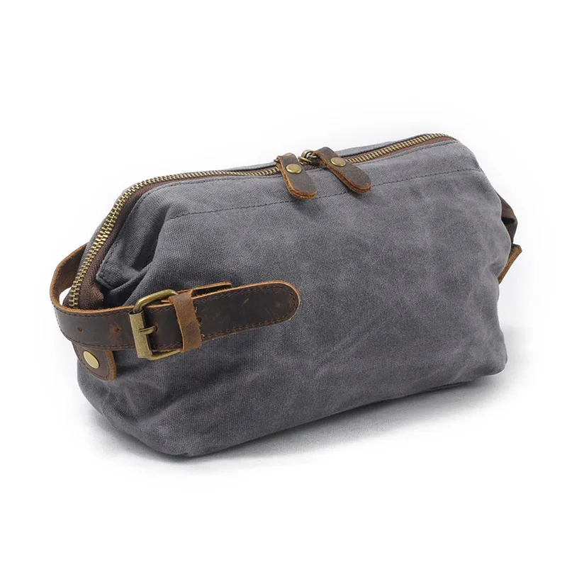 

2019 Man's Hand Holds Oil-coated Wax Canvas Washing and Washing Bag Retro-style Hand Holds Cowskin Wrist Bag with Head Layer