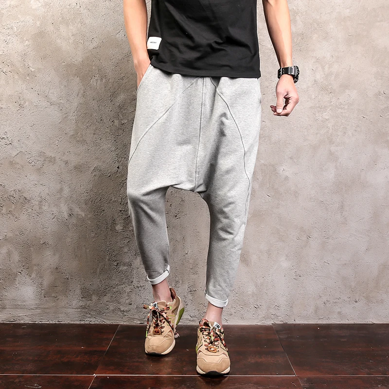 الرجال عبر السراويل الهيب هوب الشارع الشهير عارضة الحريم السراويل الترنك الرجال أسود رمادي القطن Sweatpants المنشعب عميق فضفاض السراويل الذكور