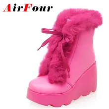 ENMAYLA/размеры 34-39, женские ботинки на высоком каблуке Зимние ботильоны на танкетке со шнуровкой модные теплые зимние ботинки на меху с круглым носком на плоской подошве распродажа