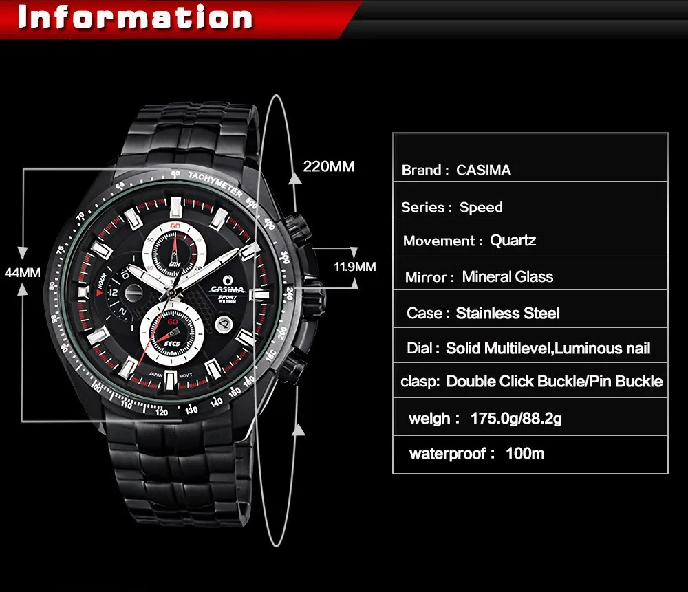 Роскошные Брендовые Часы мужские кварцевые часы спортивные модные светящиеся хронограф секундомер водостойкие 100 м наручные часы CASIMA #8101