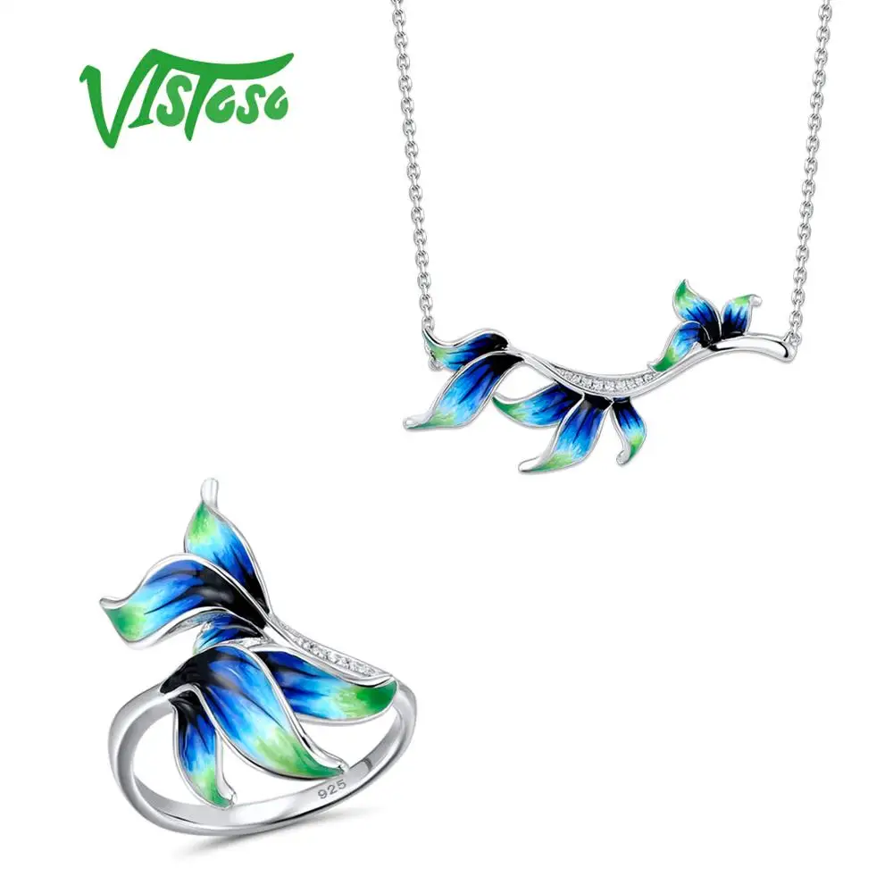 VISTOSO Jewelry Sets For Woman White Cubic Zirconia Jewelry Set Necklace Pendant Ring 925 Sterling Silver Fine Jewelry Enamel   