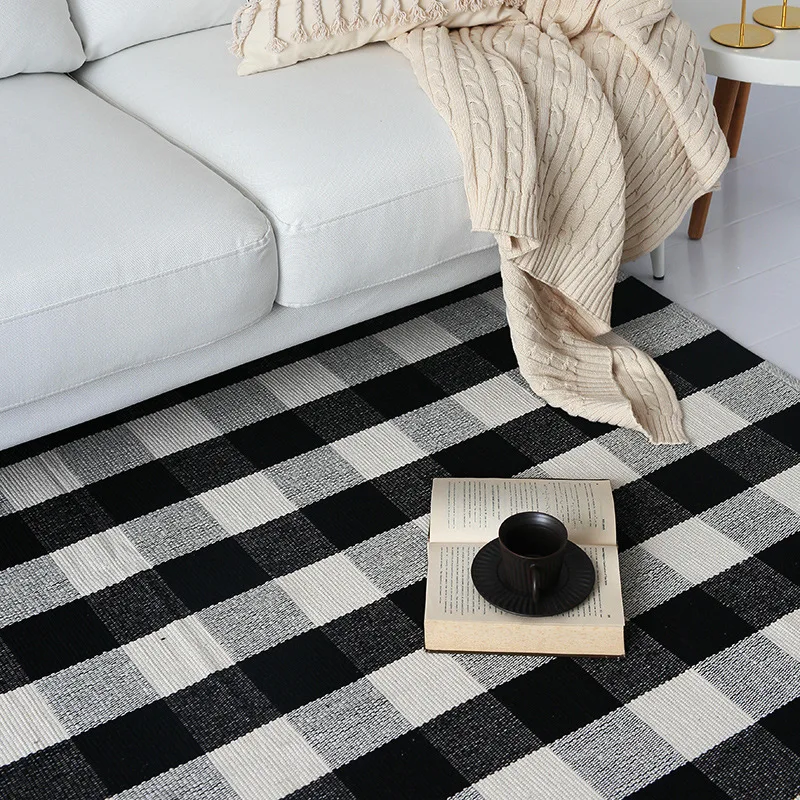 Черный и белый плед Проверьте коврики хлопок ручной работы тканые ковры для спальня гостиная машинная стирка большой
