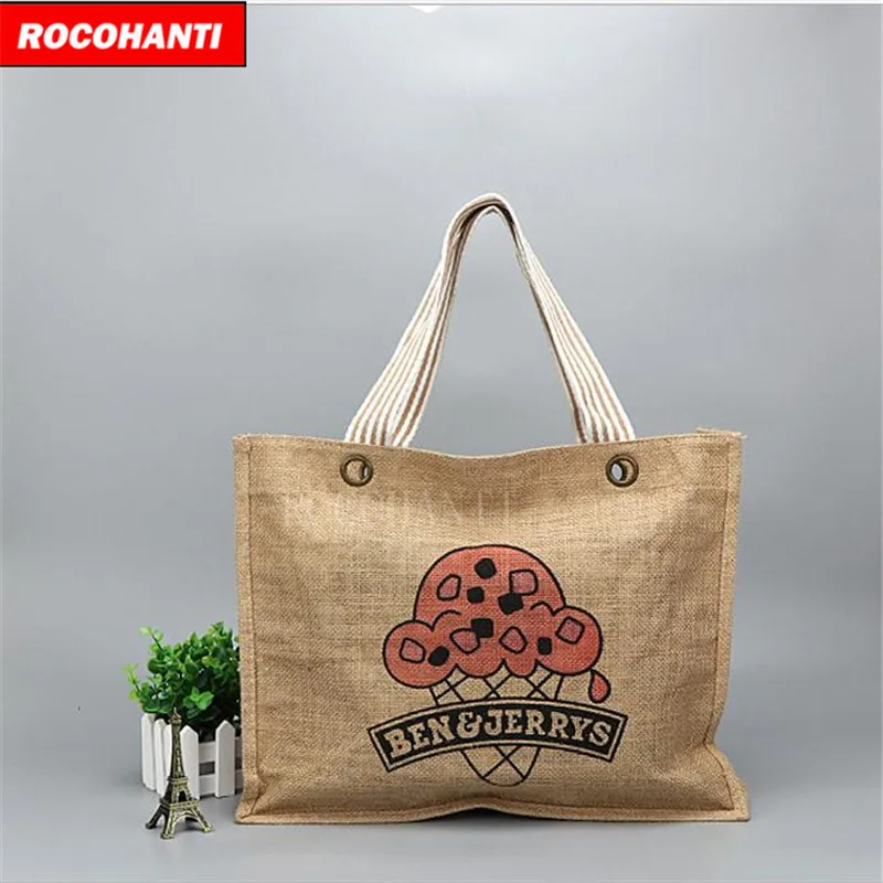 

100X Recyclable Foldable Natural Shopping Jute Bag with Zipper Closure Strong Weaving Handle Custom Logo Printed