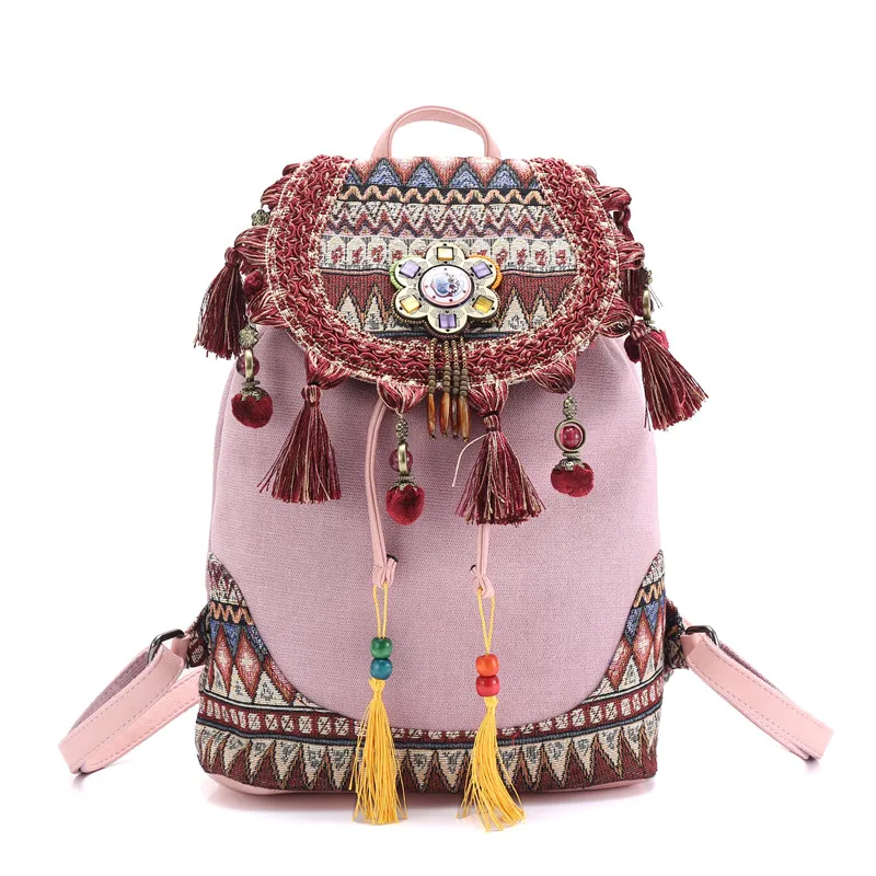  backpack for women Bohemian style hippie Boho vintage ladies canvas tassel shoulder bag Cotton Fabr - 32852174963