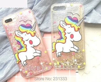 

Liquid Quicksand Diamond Bling TPU PC Hard Case For Iphone 7 PLUS 7PLUS I7 6 6S Glitter Cartoon Unicorn Horse Clear Cover 10pcs