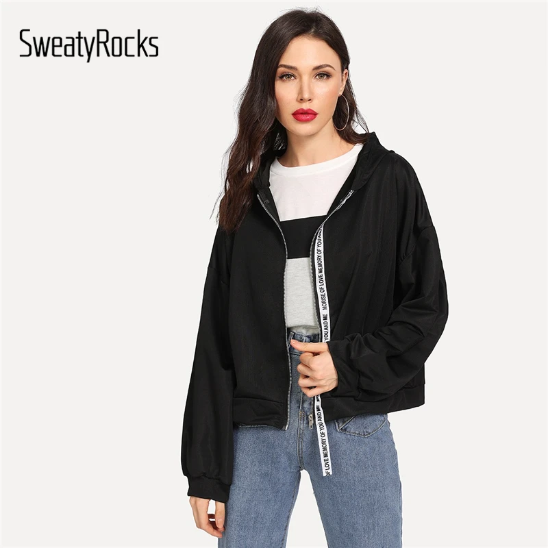 SweatyRocks Letter Tape Strap Windbreaker Jacket Women Streetwear Zip Up Hoodie Clothes 2019 Casual Black Coats And Jackets