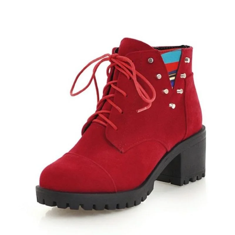 Cuculus плюс Size34-43 женские ботинки на высоком каблуке с заклепками смешанных Цвет Ботильоны Туфли на шнуровке Женская мода Зимние полуботинки 1153 - Цвет: Красный