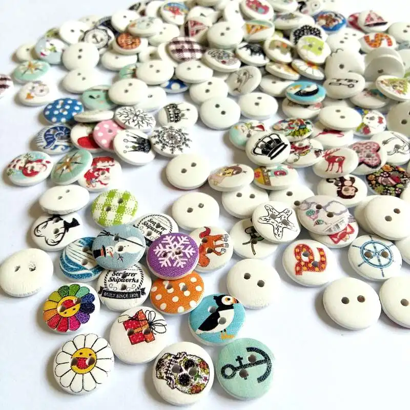 

50/100pcs/pack Mix Round Pattern 15mm Natural Wooden Button 2 hole Sewing children Buttons for handmade Accessories