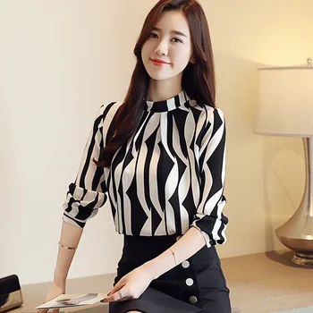 

Women Blouse Long Sleeved Printed Women Top Stand Collar Chiffon Blouses Slim Fit Office Lady Blusa