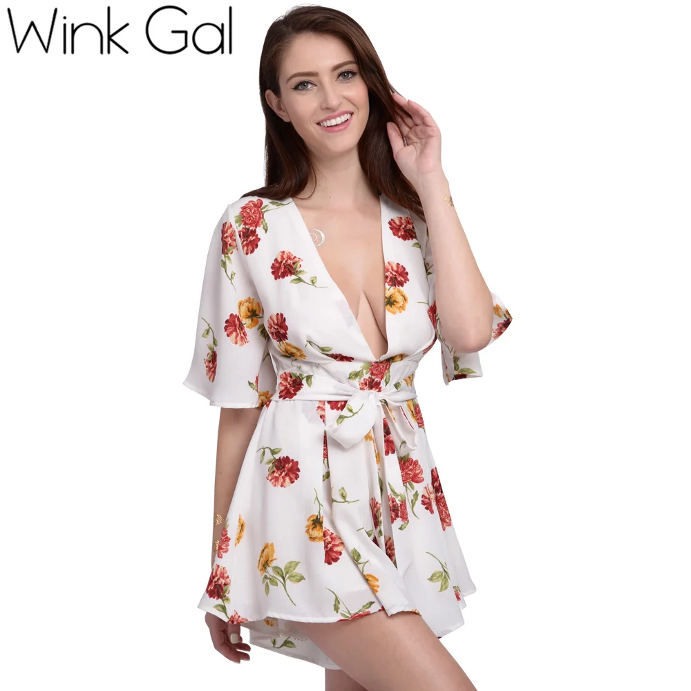 Wink Gal Женщины Rompers Комбинезон Sexy Цветочный печати летней легкий костюм с шортами кимоно шорты Beachwear 3110