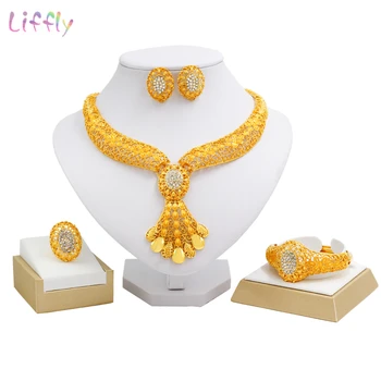 

Hot Dubai 24 Gold Jewelry Sets Classic Creative New Design Crystal Necklace Bracelet Earrings for Women New Year Holiday Gift