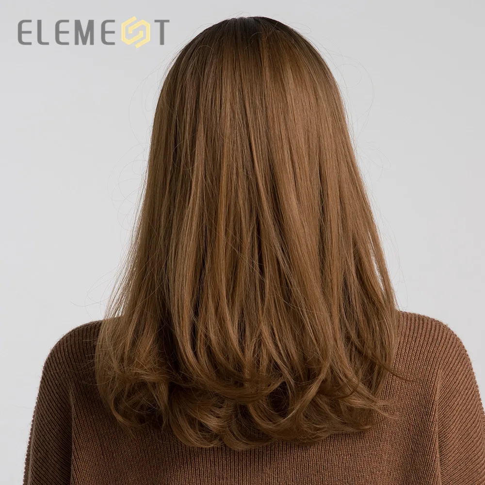 Elemento 16 pulgadas peluca sintética con flequillo titular Natural Ombre Color marrón moda Cosplay fiesta pelucas de repuesto para mujer