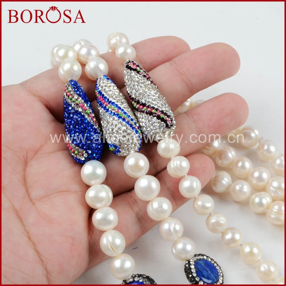 

BOROSA New Handmade 34'' Natural Pearl Necklaces, Round Black Stone Rhinestone Pave Gems Freshwater Pearl Beaded Necklace JAB787
