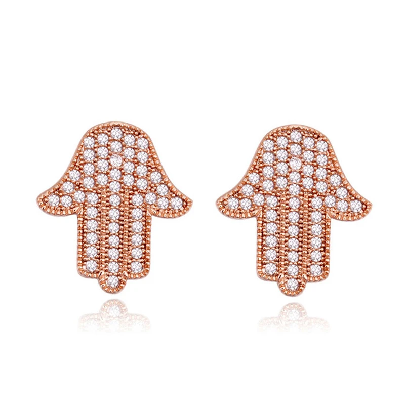 

11.11 New Arrival Micro Paved Jewelery Rose Gold Color Plated Hamsa Fatima Earrings for Islam HAND OF GOD Best Gift for Women
