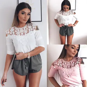 

Fashion Summer Women Half Sleeve Shirt Casual Floral Hollow Out Solid Tops Blouses Ladies Slim Shirts
