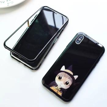 

For iPhone XS max magnetic bumper & back front glass screen protector , for iPhone XR /7 8 plus cute cartoon cat girl color film