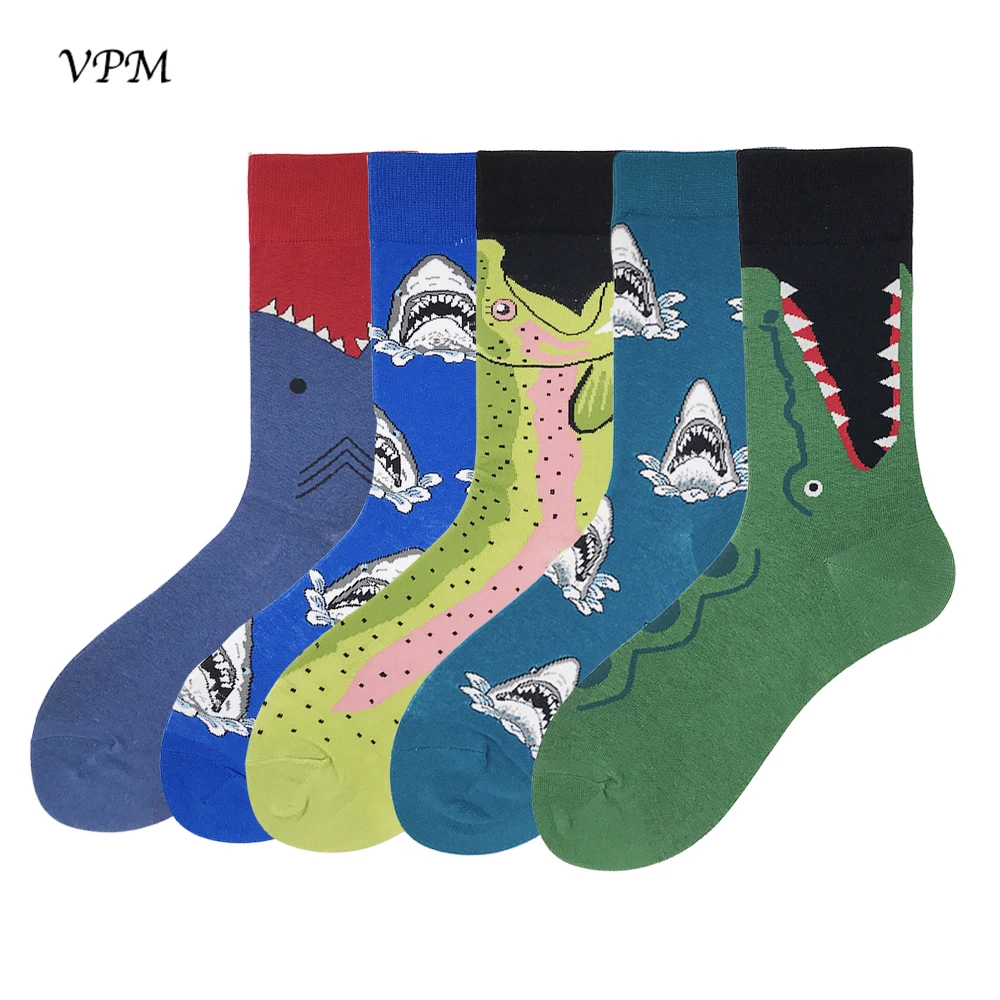 VPM, мужские носки из чесаного хлопка, цветные забавные гольфы, теплые зимние носки с мультяшными усами, фламинго, Акула, подарочная упаковка, 5 пар/лот