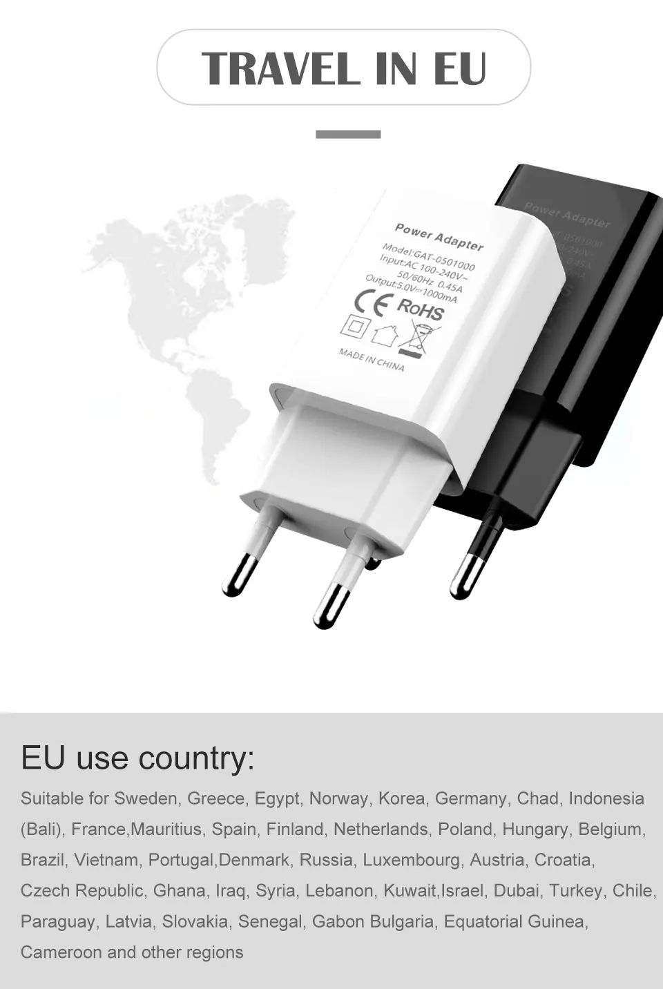 5V1A USB зарядное устройство для мобильного телефона ЕС зарядное устройство вилка CE сертификат путешествия в Италии Швейцария Франция Германия Южная Корея Швеция