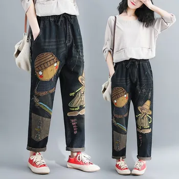 

Harajuku National Embroidery Hole Jeans Printing Cartoon Elastic Waist Jeans Plus Size Denim Harem Pants