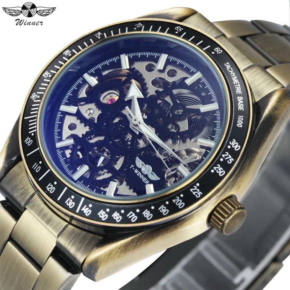 

WINNER Fashion Vintage Auto Mechanical Watch Men Copper Stainless Steel Strap Blue Mirror Case Skeleton Dial Top Luxury relogio