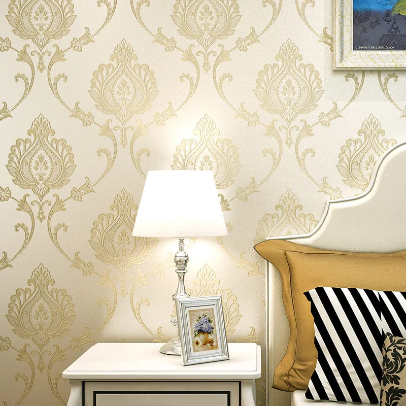 European Simple Luxury 3D Embossed Damask Wallpaper Flocked Non woven