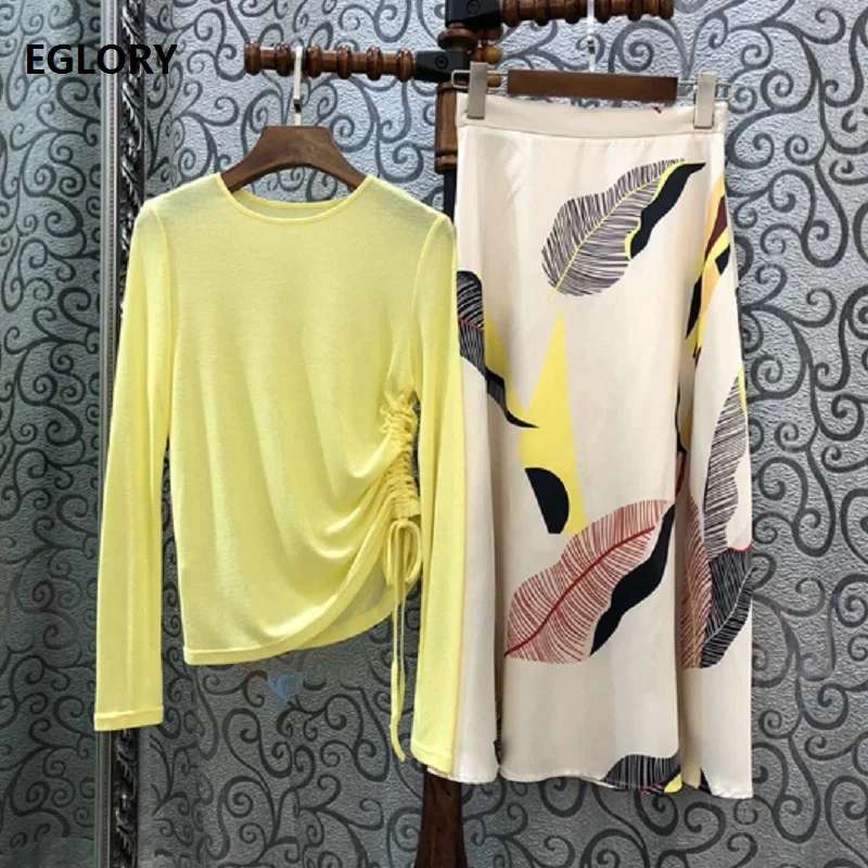 

High Quality Designer Clothing Sets 2019 Autumn Fashion Sweater Suits Women Drawstring Long Sleeve Yellow Sweater+Mid-Calf Skirt