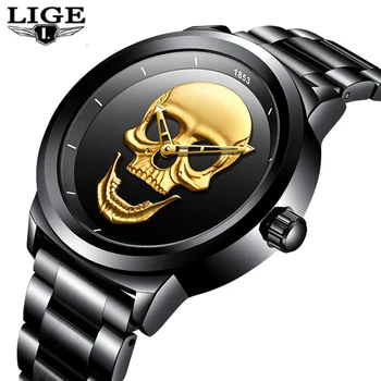 

LIGE Mens Watches New Skull Watch Men's Military Sports Watch Men Waterproof Stainless Steel Gold Quartz Clock Relogio Masculino