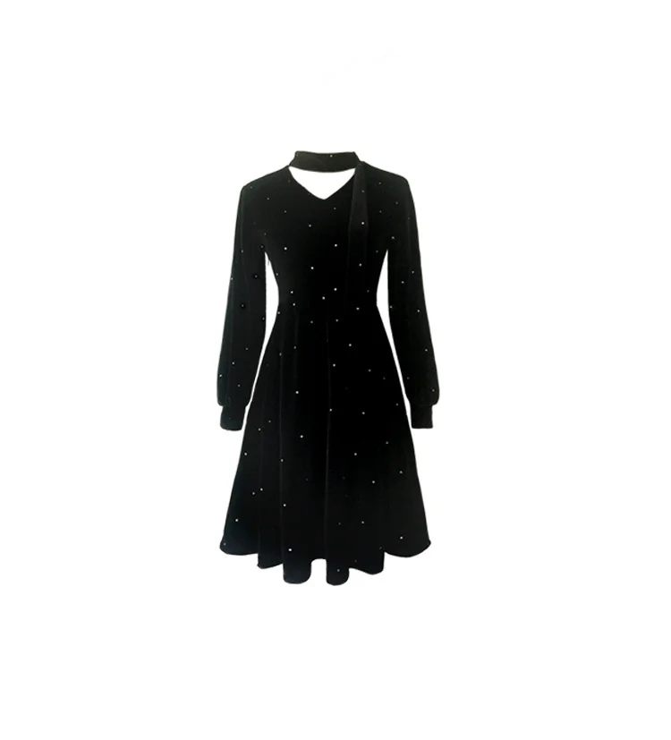 Женские платья, Осень-зима, корейский стиль, винтажное блестящее платье в горошек, с вырезом на шее, воротник-фонарик, рукав-фонарик, черное бархатное платье D443