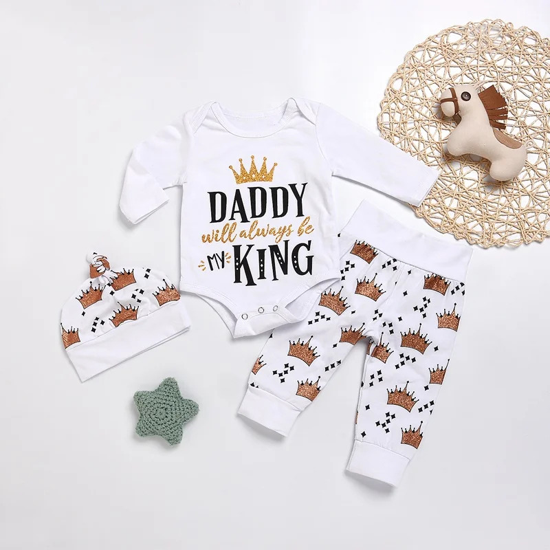 Комплекты одежды для новорожденных мальчиков шапочка+ боди+ штаны, комплект одежды из 3 предметов для малышей Одежда с рисунком короны для новорожденных девочек