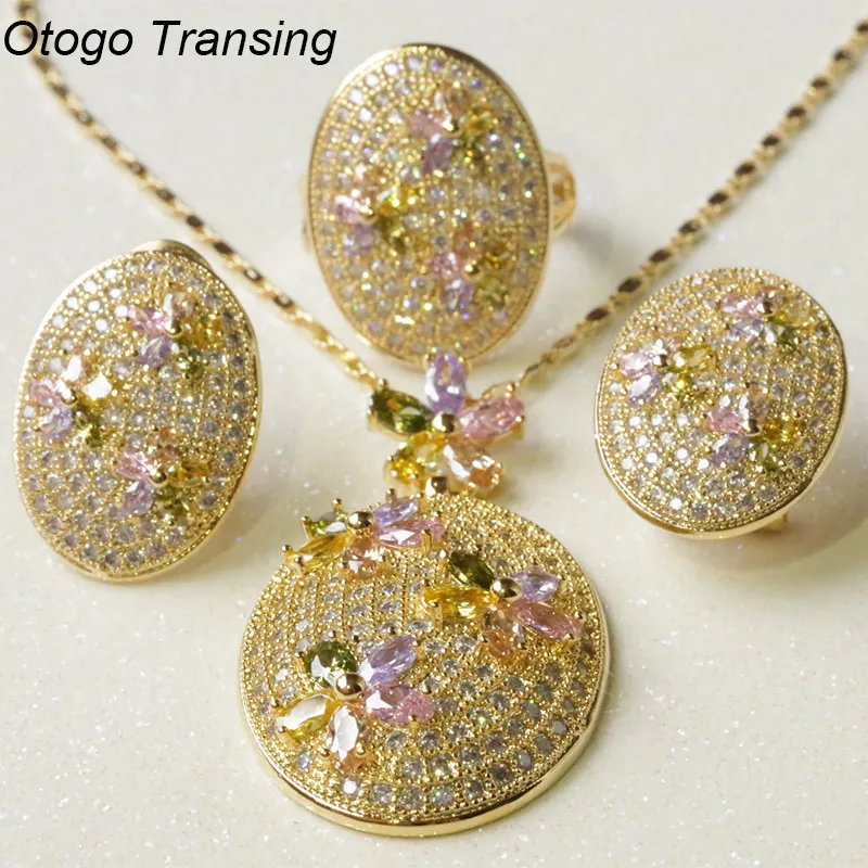 

Otogo Transing 2019 New Fashion Jewelry SetYellow Color For Women Flower Fashion Multicolor Crystal Ring Earrings Necklace S275