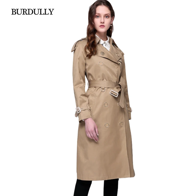 

BURDULLY 2019 New Fashion Full Sleeve Turn-down Collar Double Breasted Mid-long Trench Coat Women Khaki Slim Belt England Style