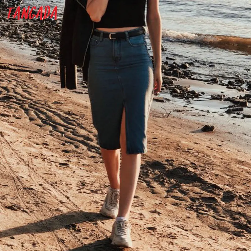  Tangada women sexy denim skirts 2019 korea fashion pocket lady mid calf skirt high waist vintage sk